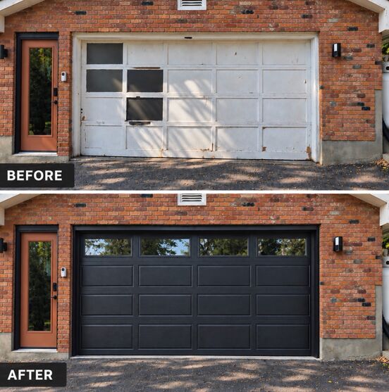 Garage door before and after replacement with a black windowed door