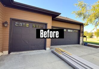 Old faded garage doors before replacement in Broomfield